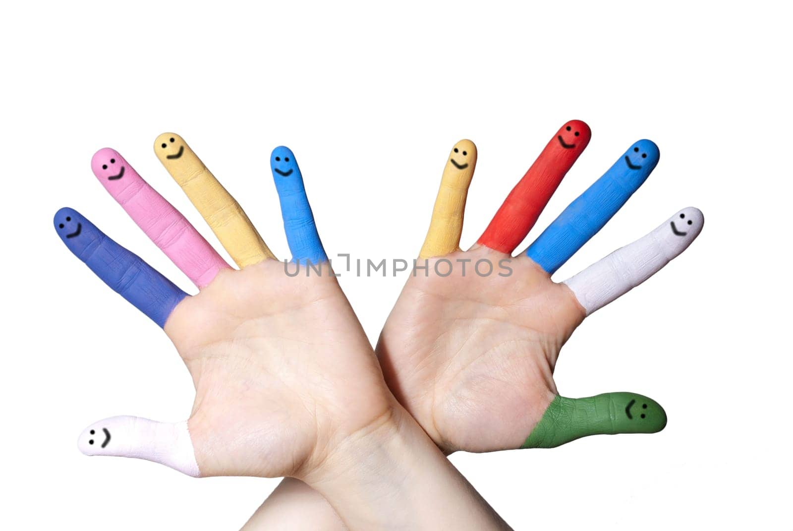 a hand with colorful painted and smiling fingers