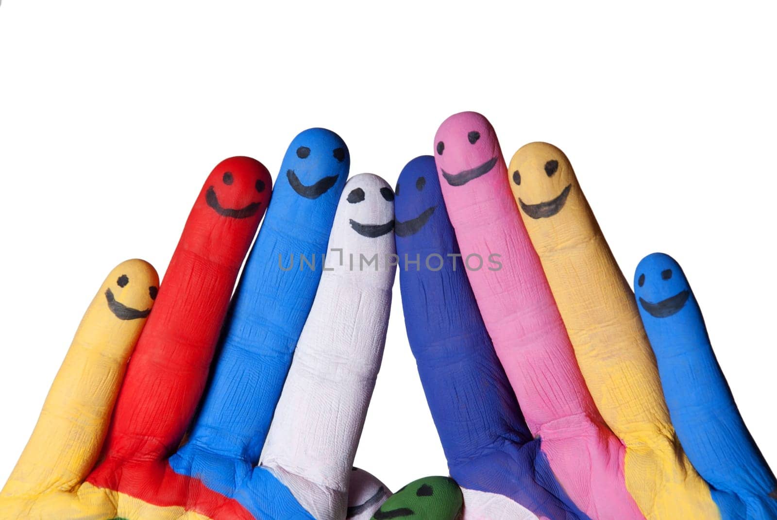 colorful painted hands with smiling fingers, isolated