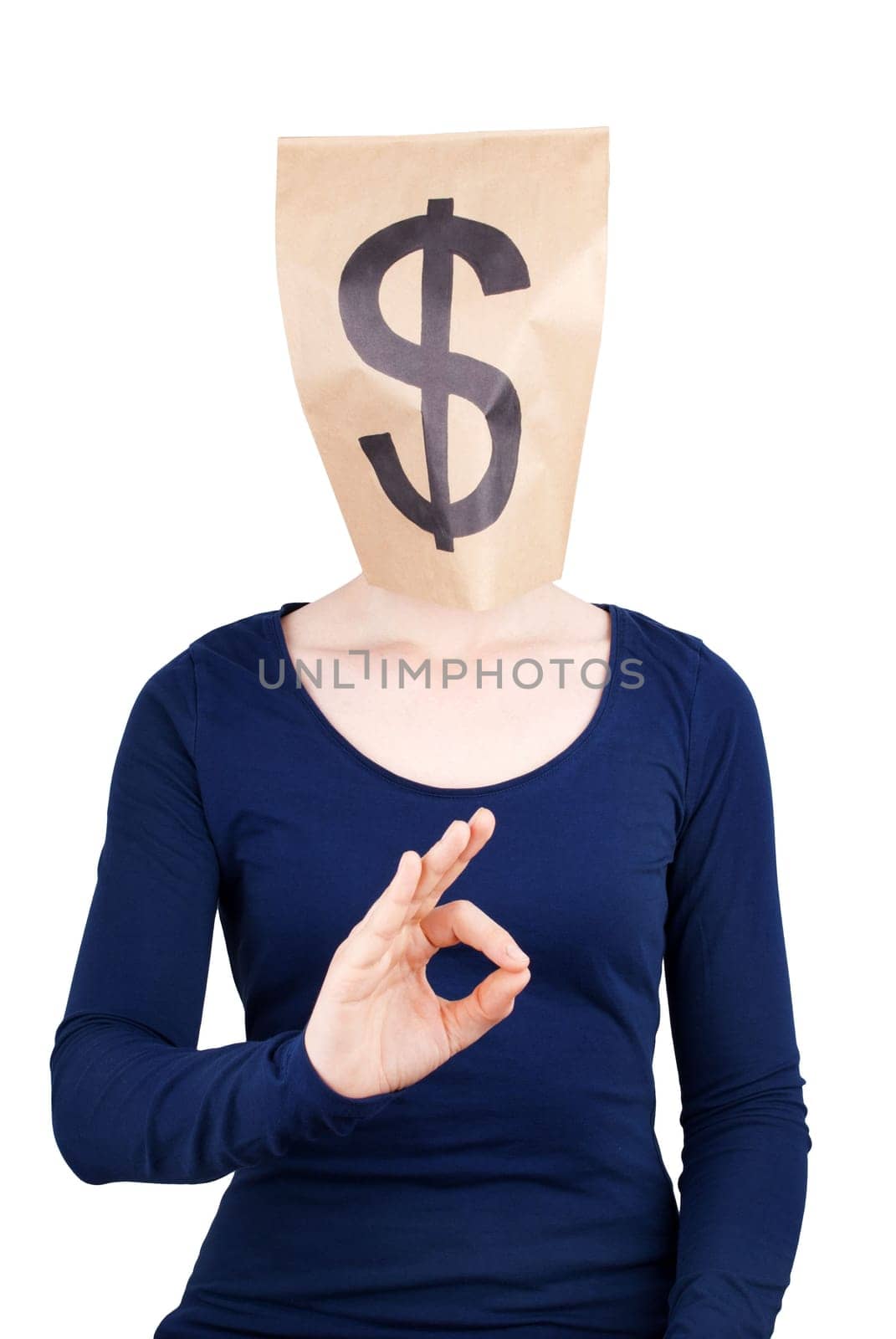 a person with a paper bag head with a dollar sign on it doing an okay gesture