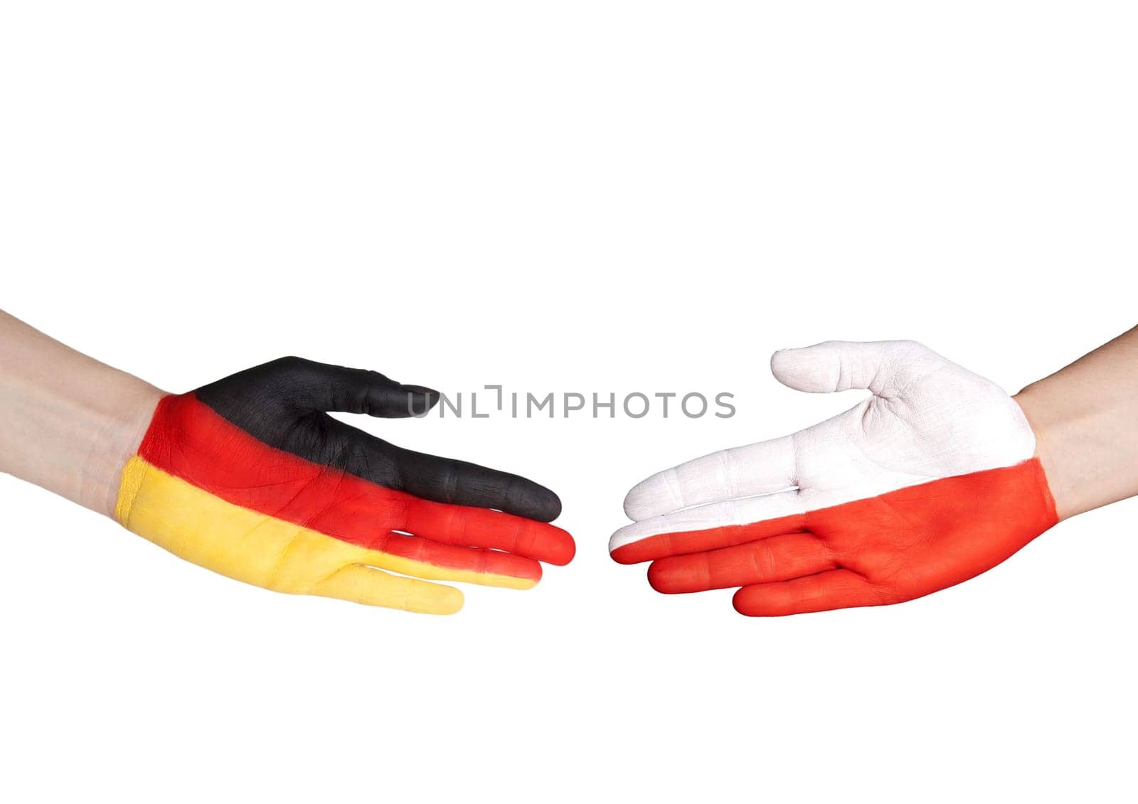 two hands with german and polish flag doing a handshake