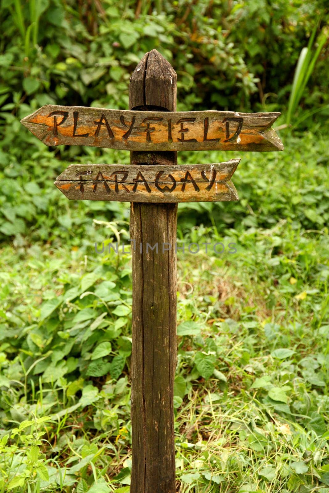 A unique and funny wooden sign pointing to two places "faraway"" and ""playfield"""