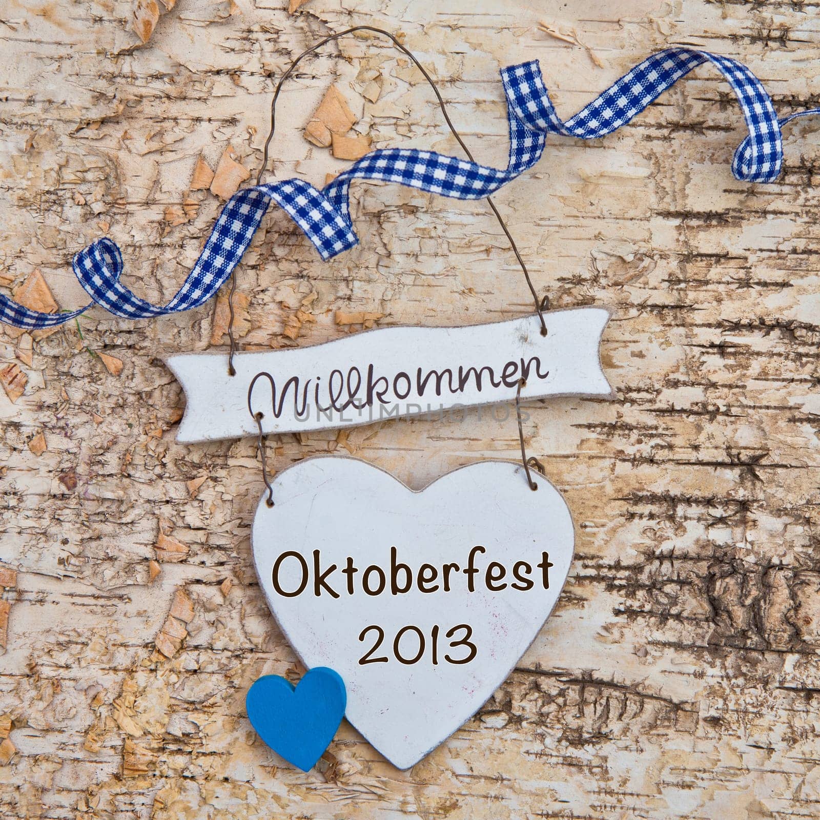 Heart with checkered bow on birch bark background