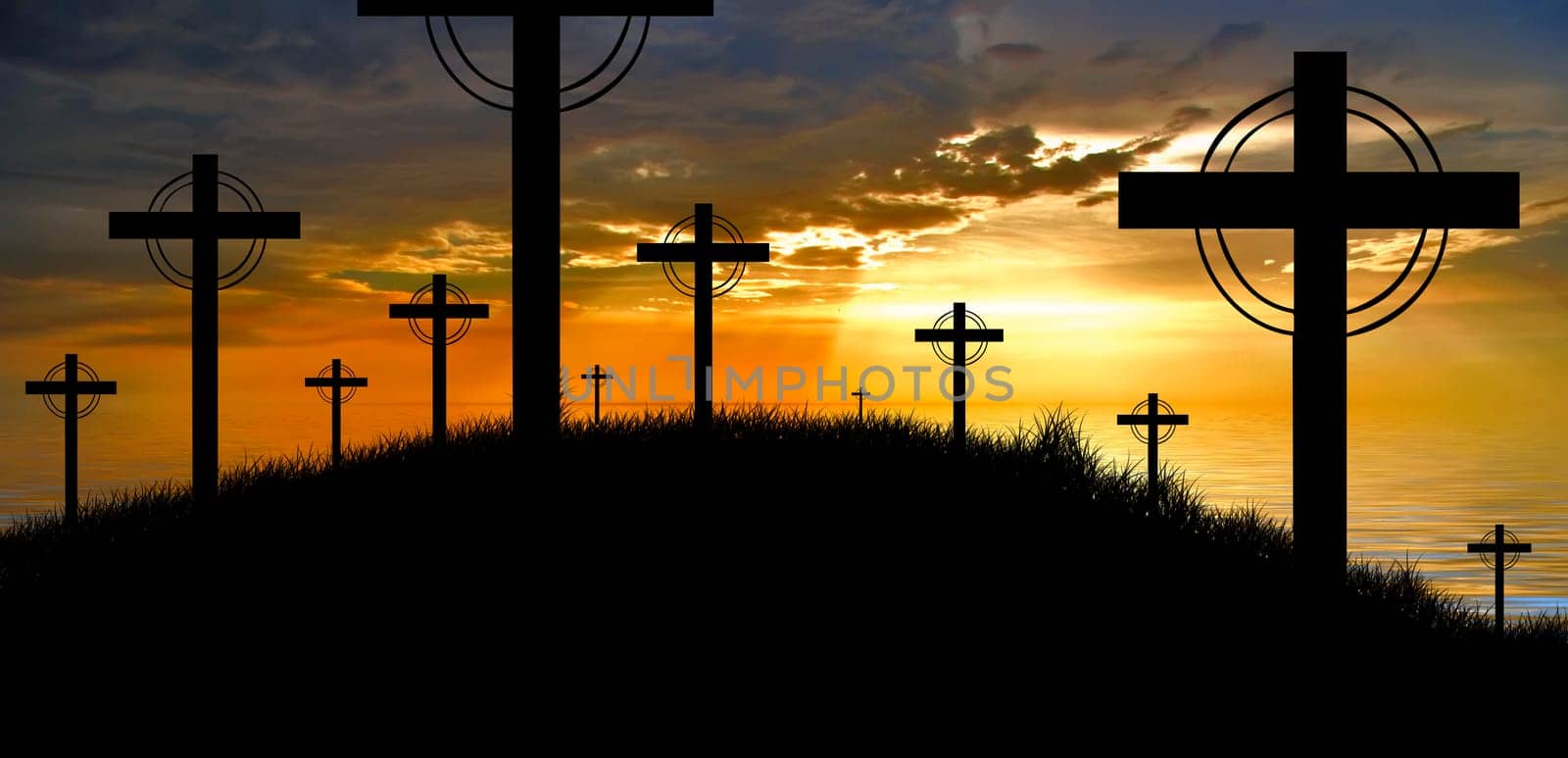 cross silhouette and the clouds at sunset.