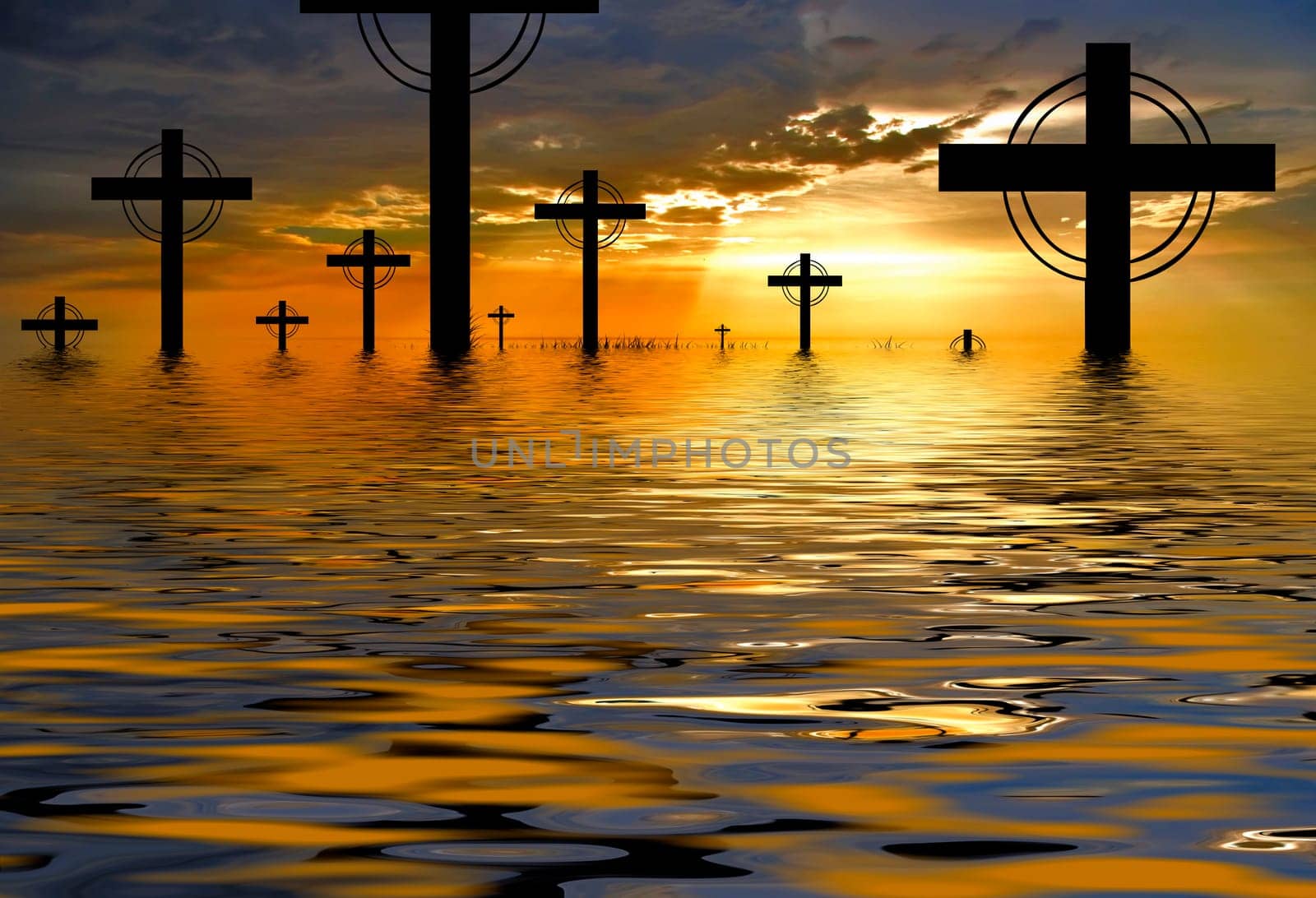 cross silhouette and the clouds at sunset.