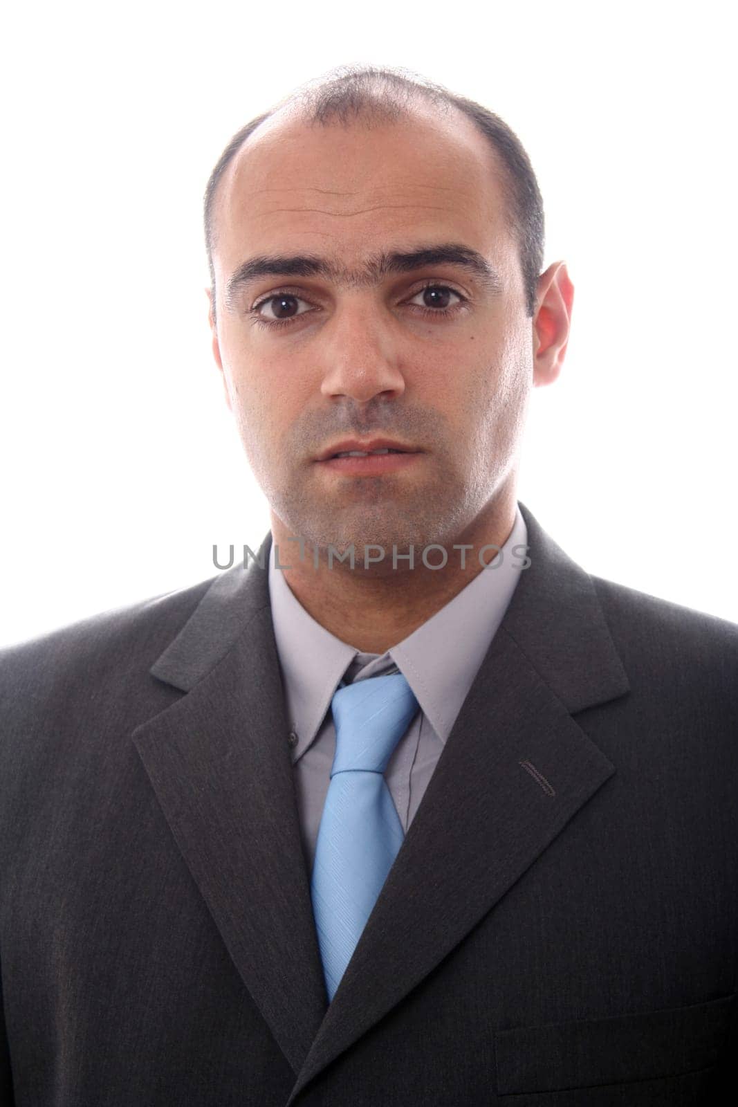 Young business men portrait on white with focos in hands
