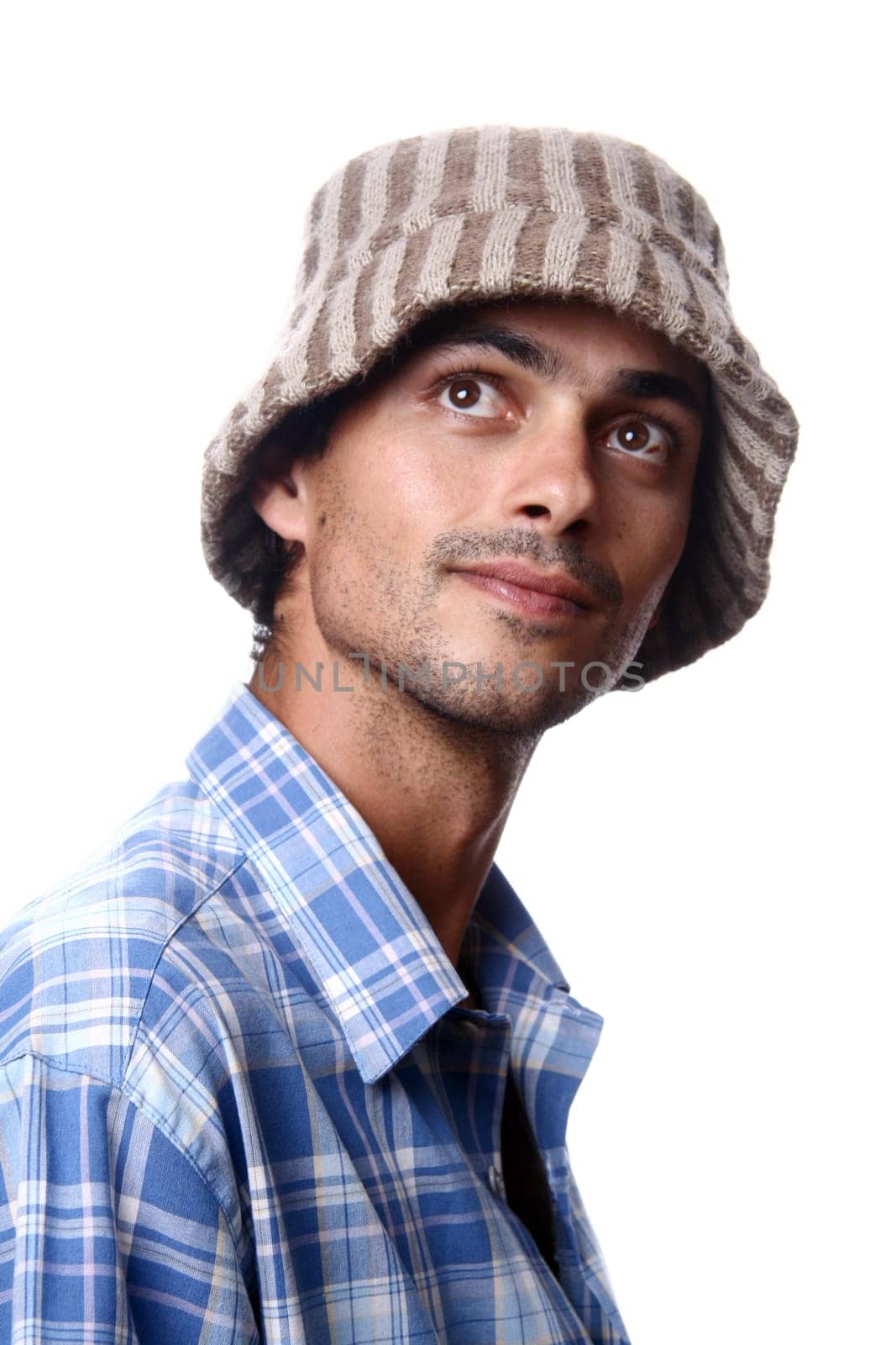 casual man portrait with hat in white background