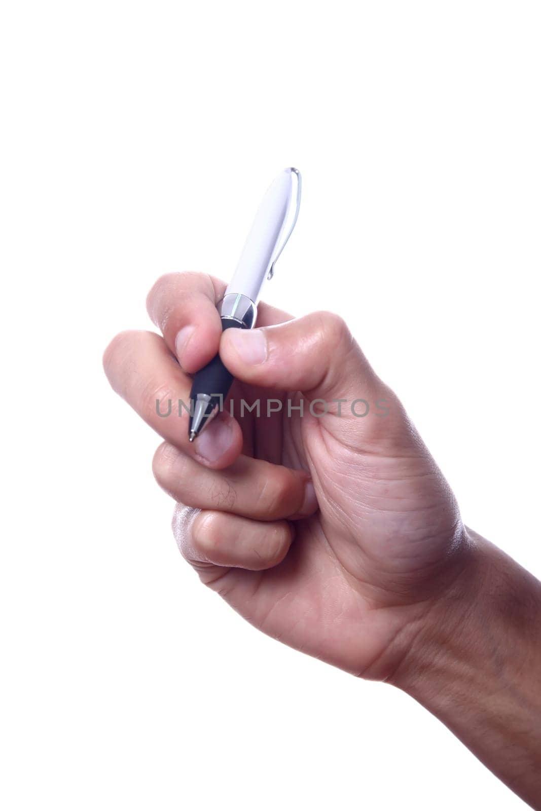 hand and pen on a white background