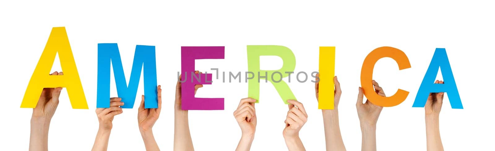 many hands holding the word America, isolated
