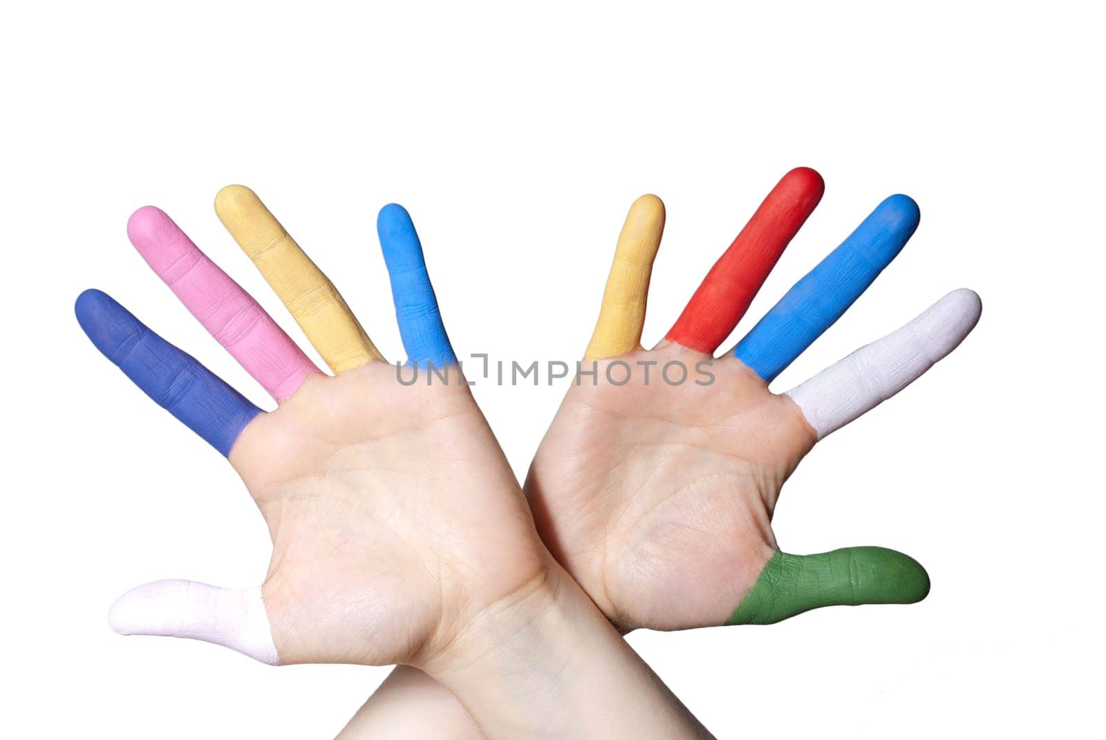 a hand with colorful painted fingers, isolated