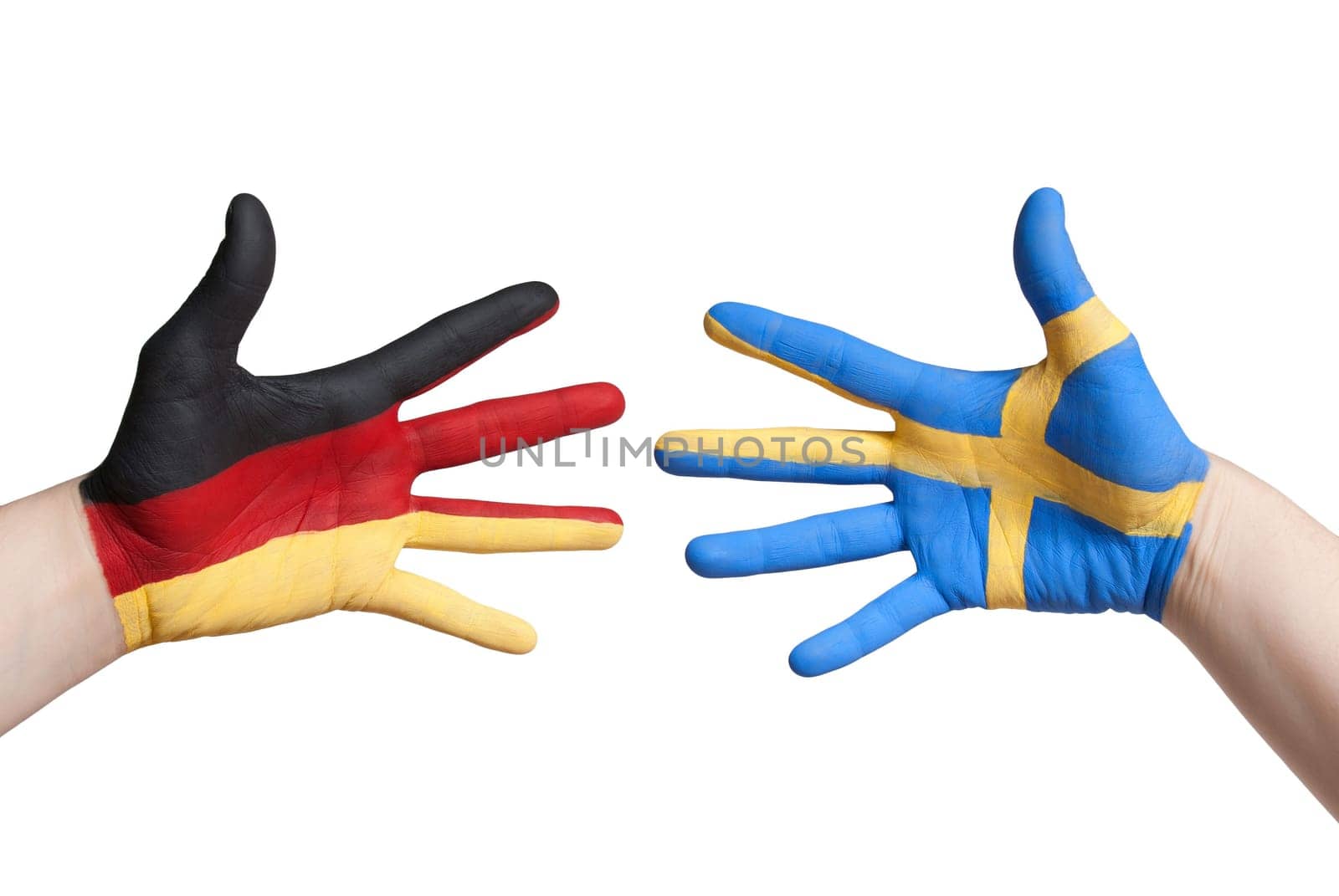 germany and sweden, symbolized with painted hands, isolated