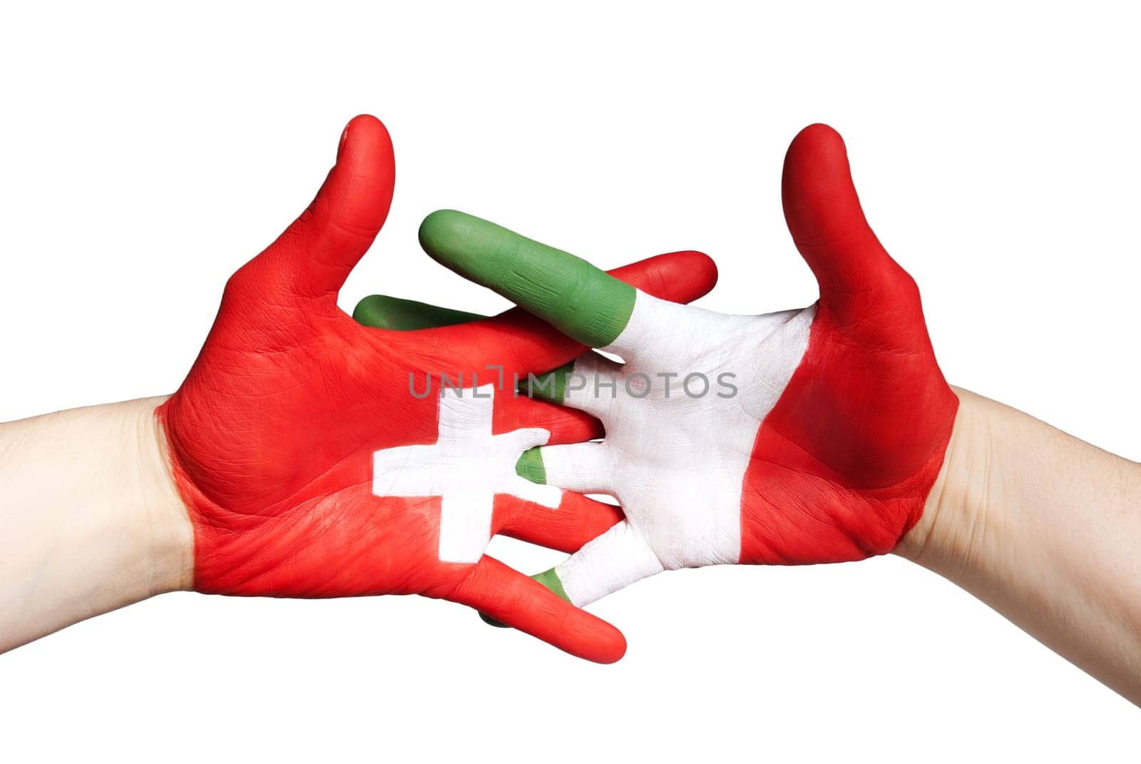 switzerland and italy in partnership symbolized with painted hands