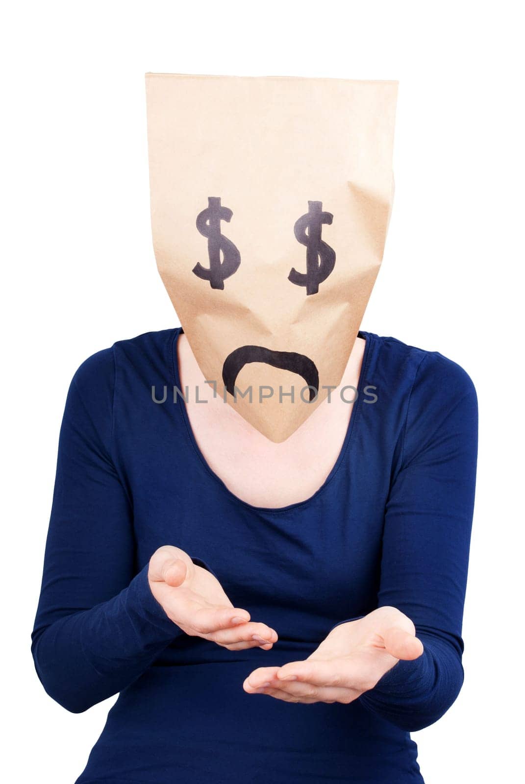 a person with a desperate dollar sign paper bag on its head