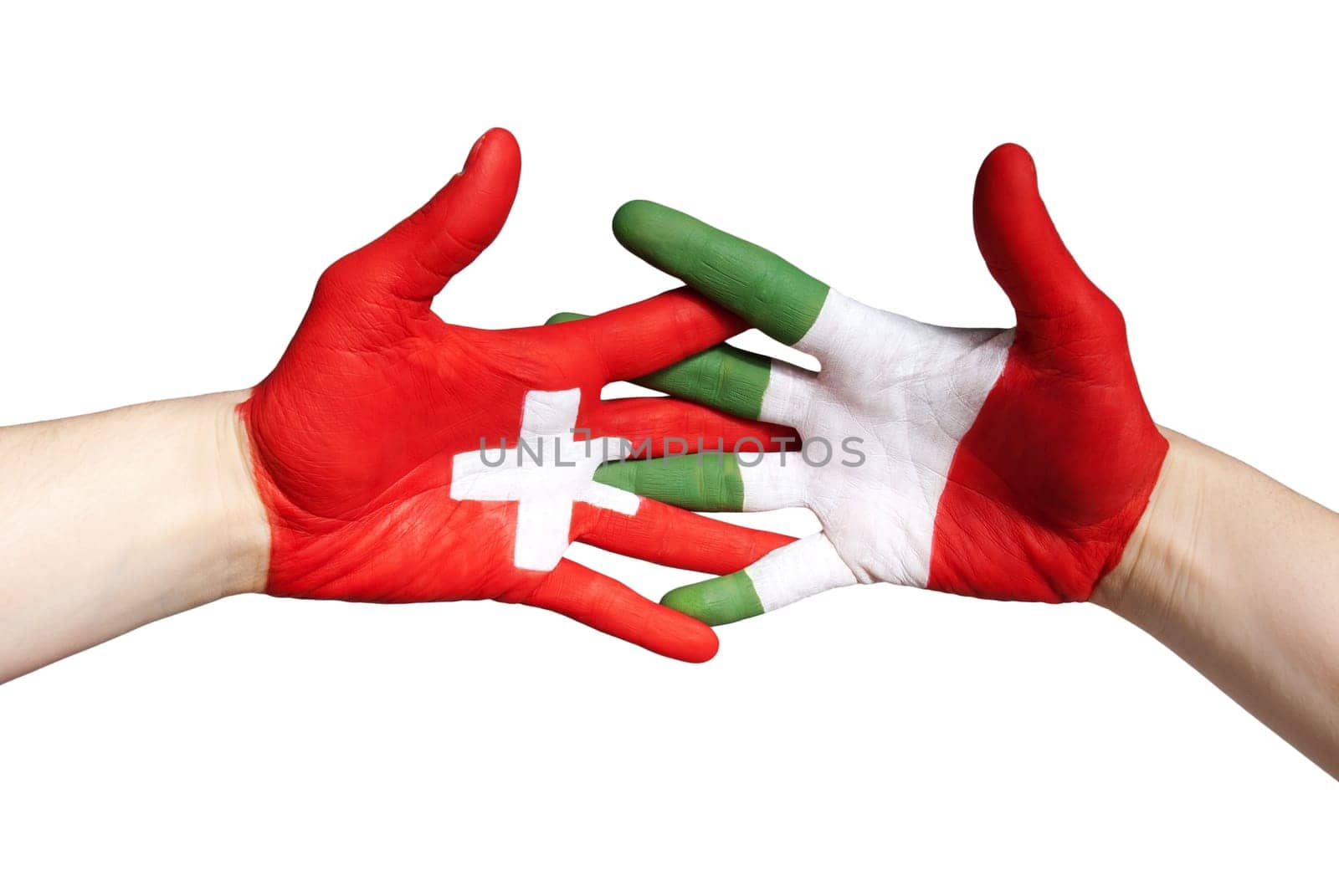 swiss italian partnership with colors painted on hands, isolated