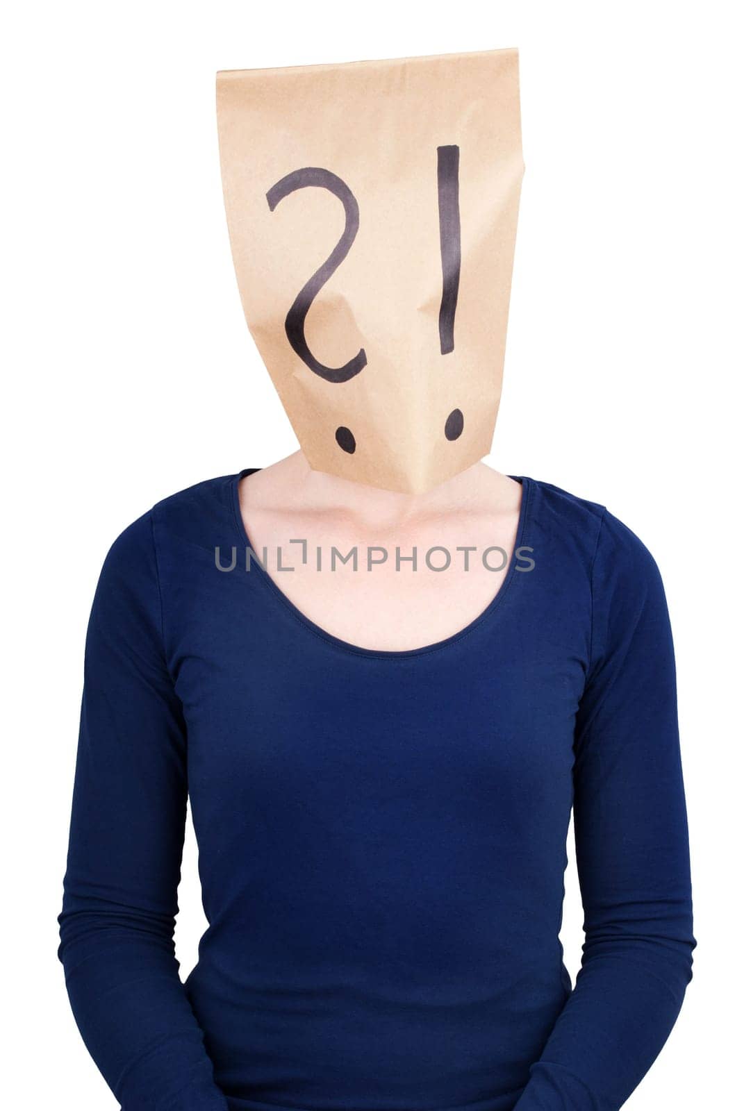 a person with a paper bag head on which are an question and an interrogation mark, isolated