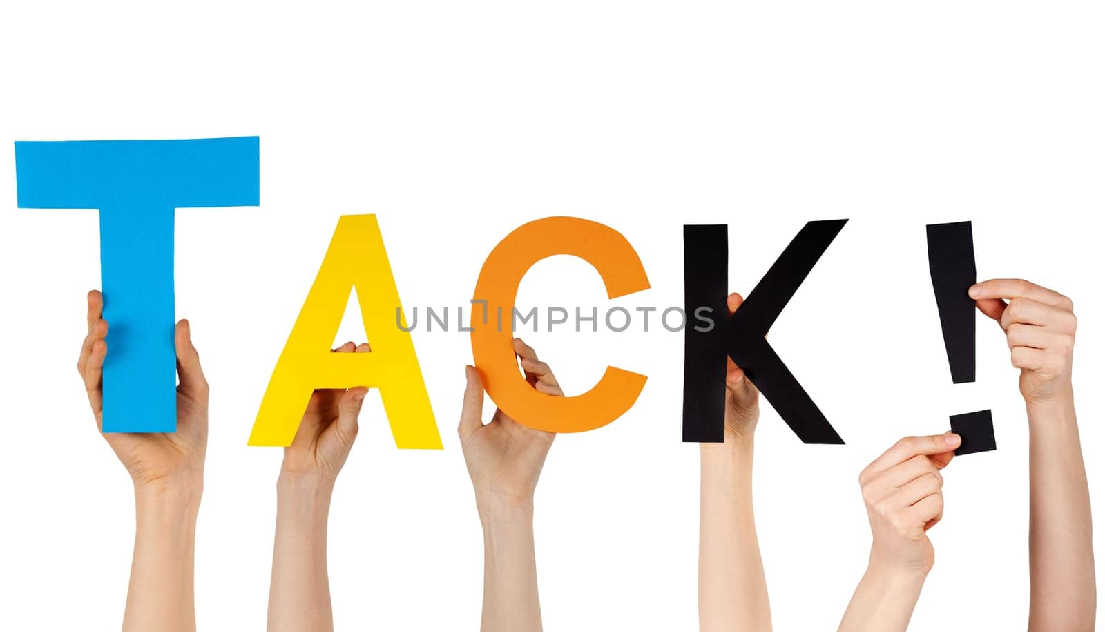 many hands holding the swedish word tack which means thanks