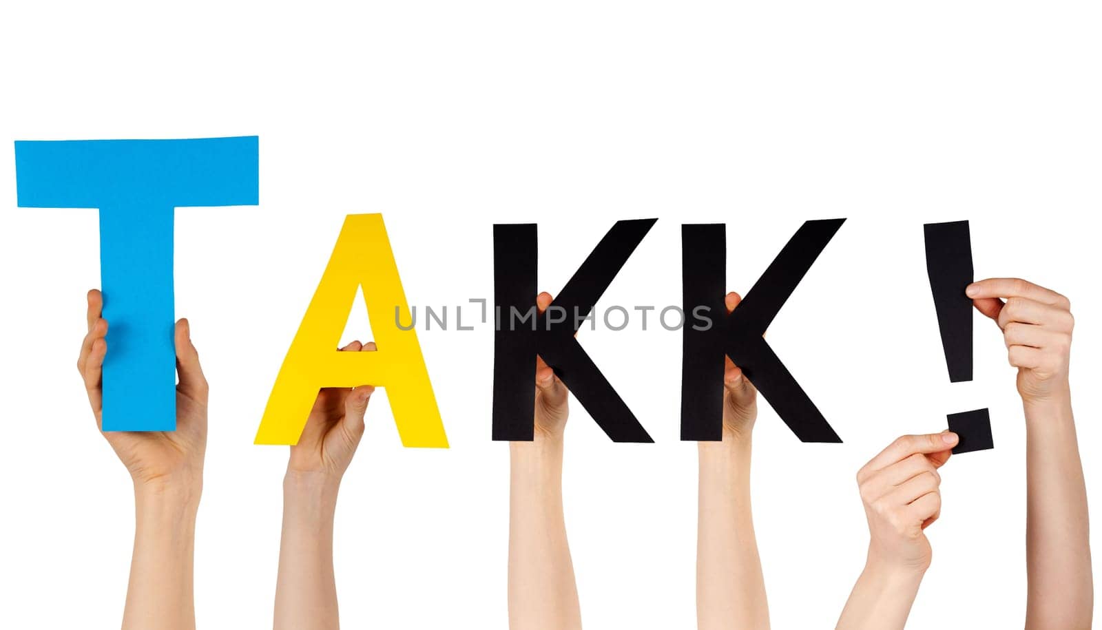 many hands holding the norwegian word Takk which means thanks, isolated