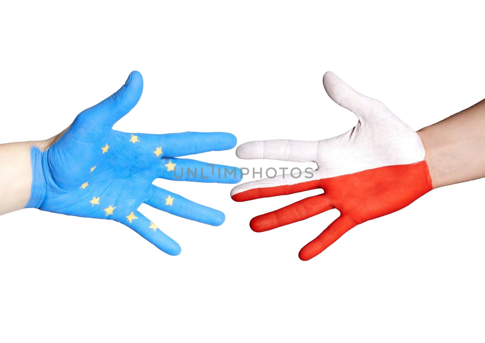 a handshake between europe and poland, isolated on white