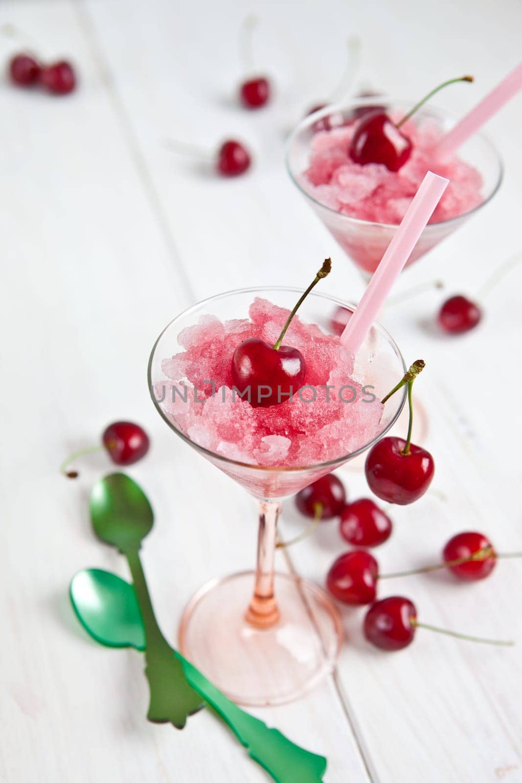 Cherry sorbet with fresh cherries in glasses