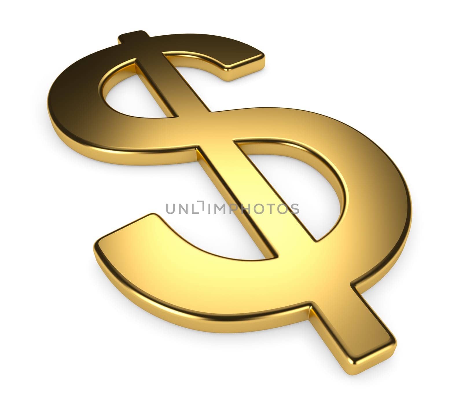 Golden dollar symbol on white background, 3d render