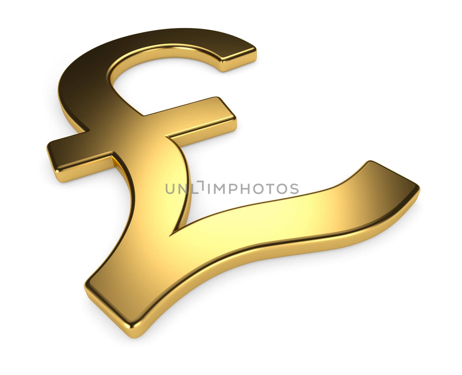 Golden pound symbol on white background, 3d render