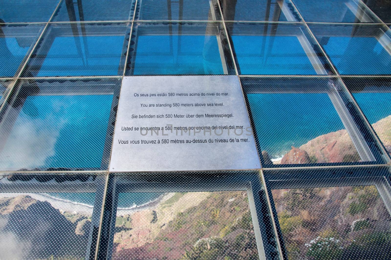 Skywalk at Cabo Girao, Madeira. View down to the atlantic ocean.