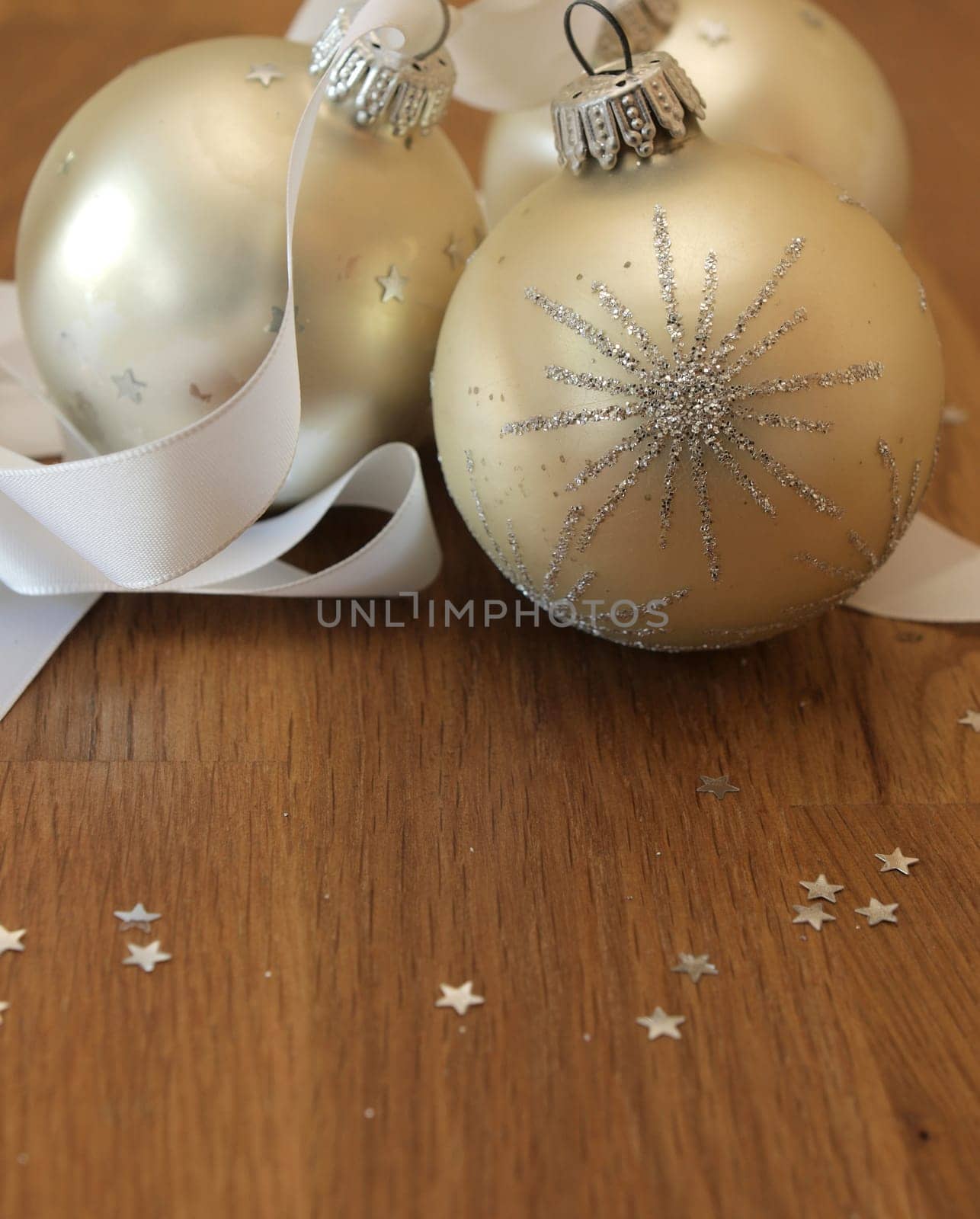 Christmas baubles on a wooden background
