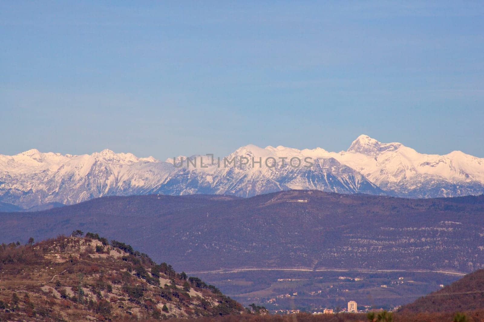 View of Julian Alps covered by snow