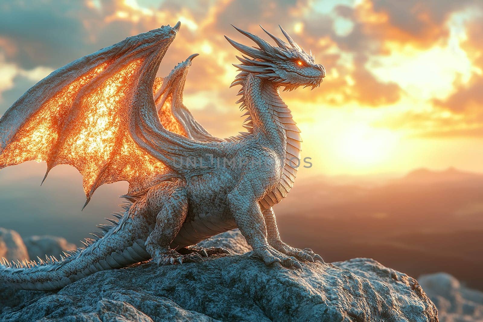 A dragon with shimmering scales spread its wings as it sat on a mountaintop at sunset.