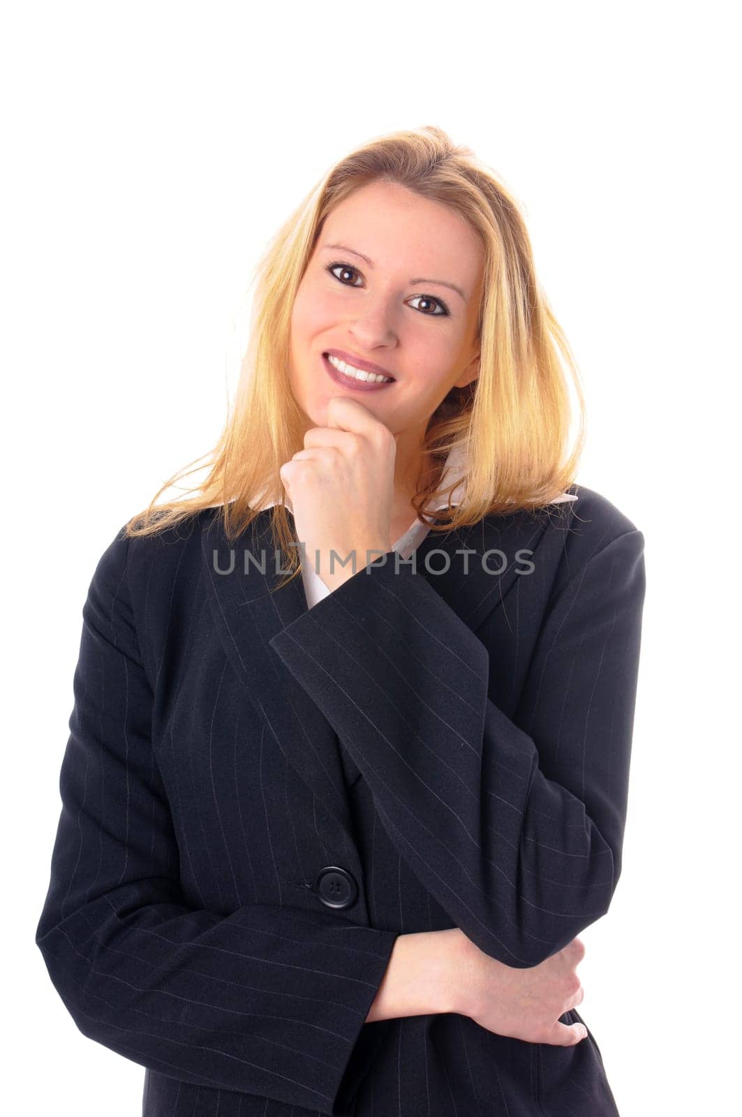 Attractive young woman with long blond hair in a business outfit isolated against a white background.