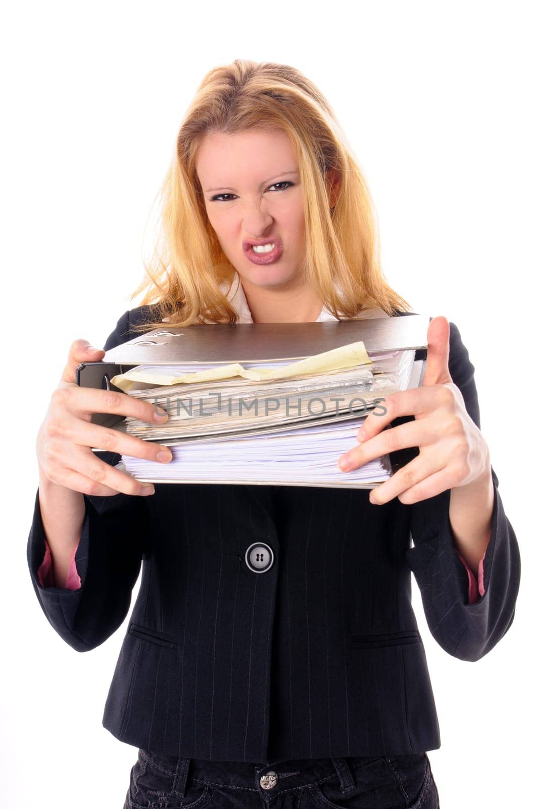 Attractive young woman with long blond hair in a business outfit isolated against a white background.