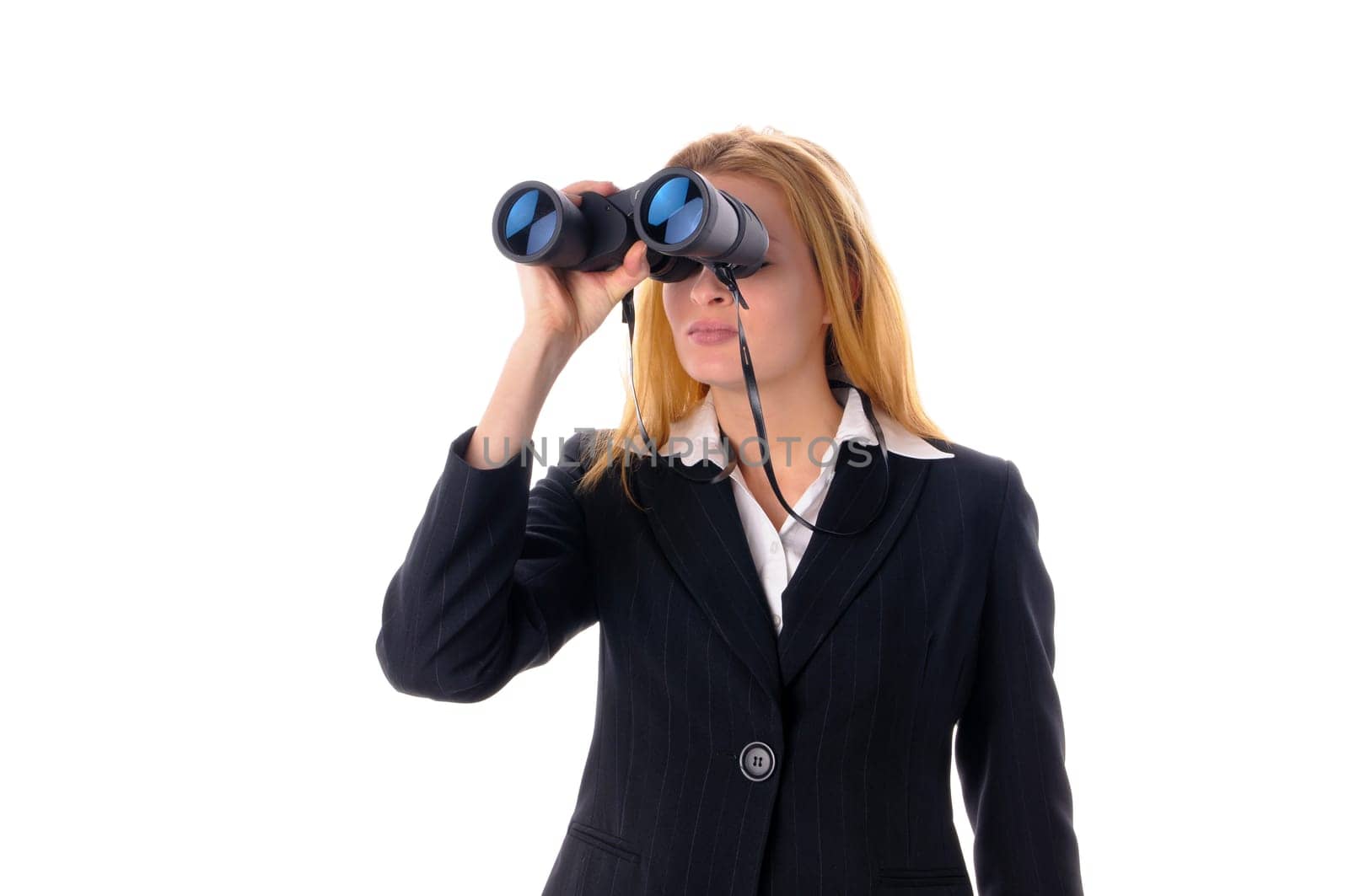 Attractive young woman with long blond hair in a business outfit isolated against a white background.