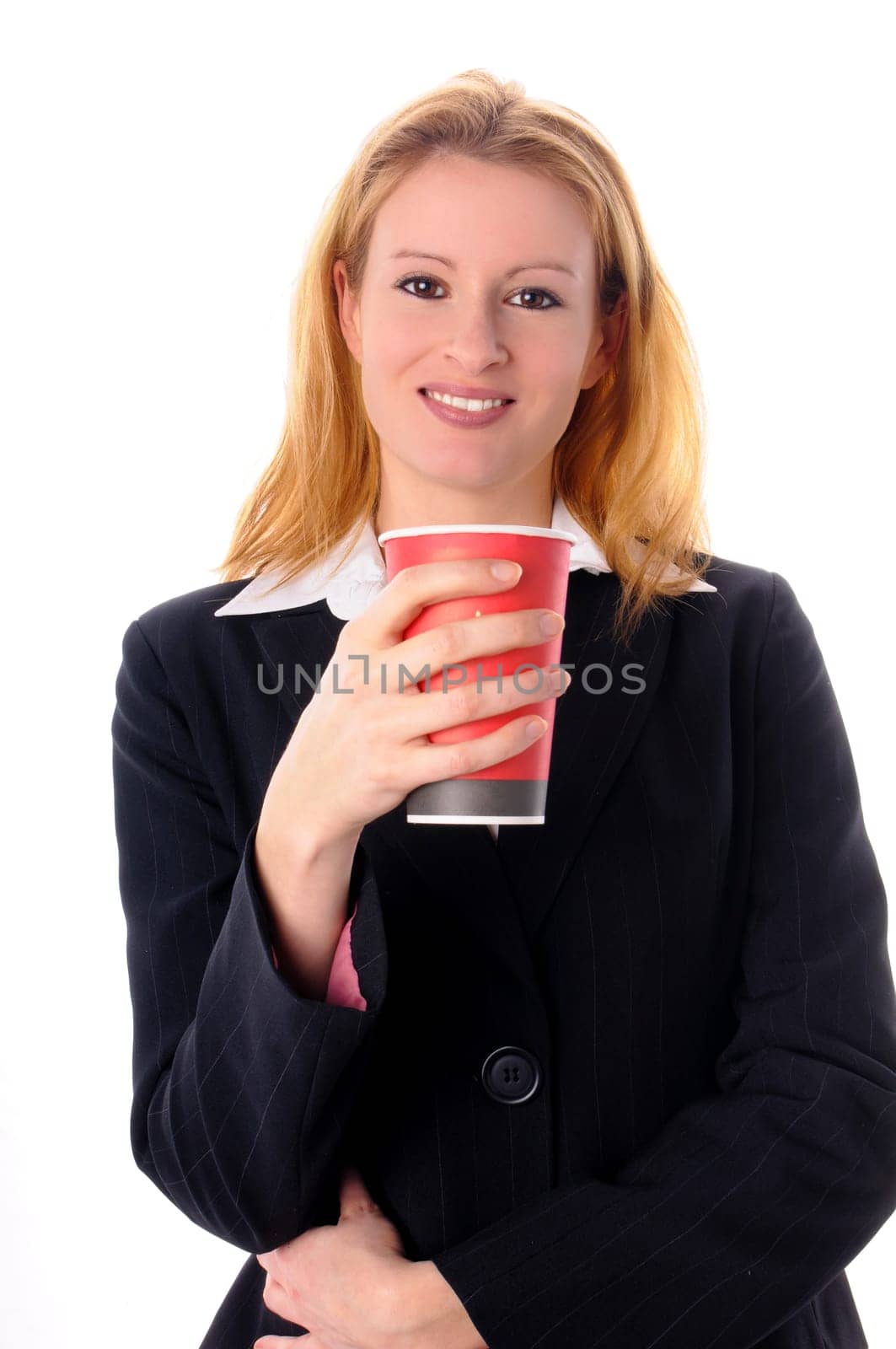 Attractive young woman with long blond hair in a business outfit isolated against a white background.