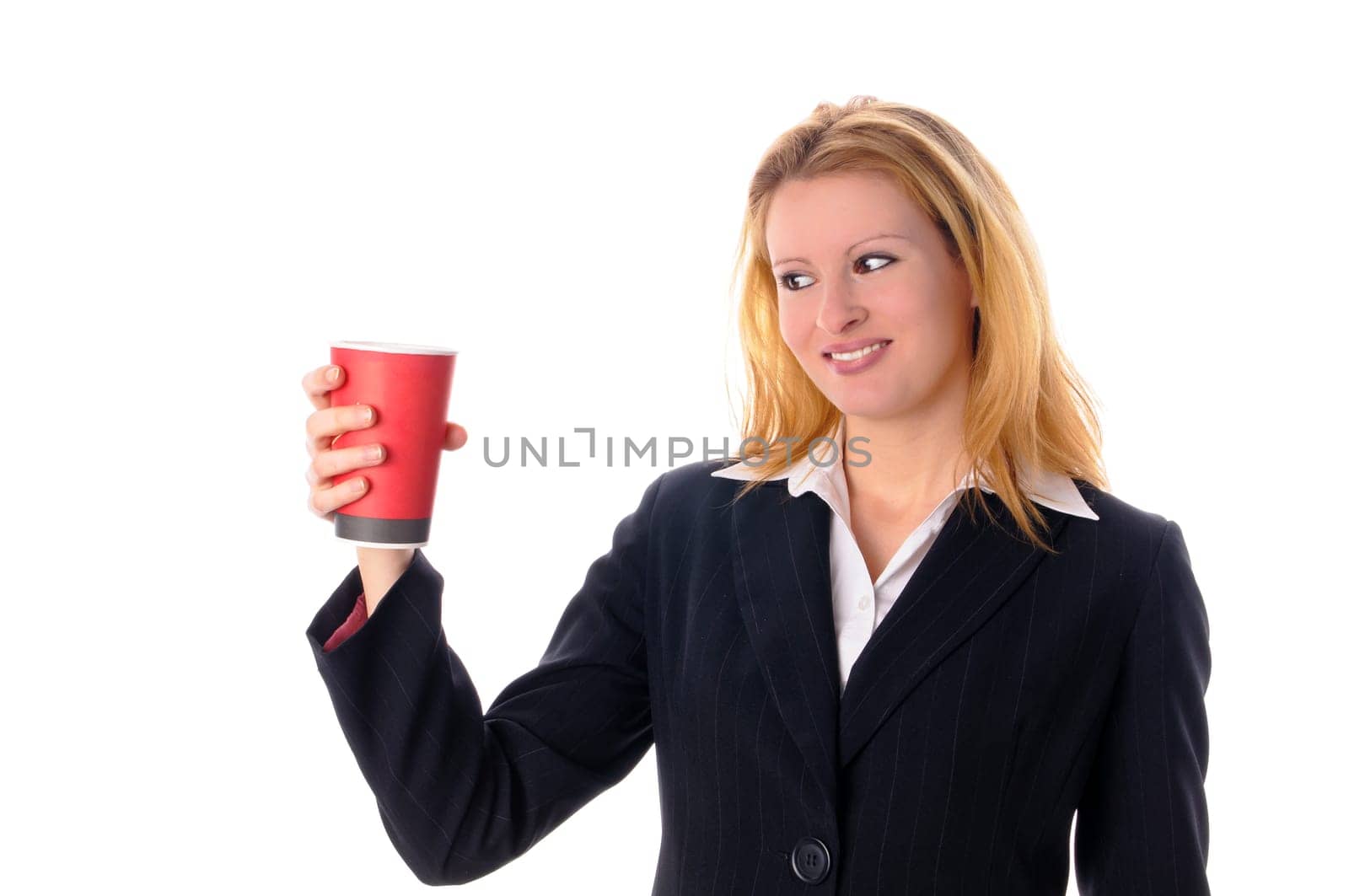 Attractive young woman with long blond hair in a business outfit isolated against a white background.