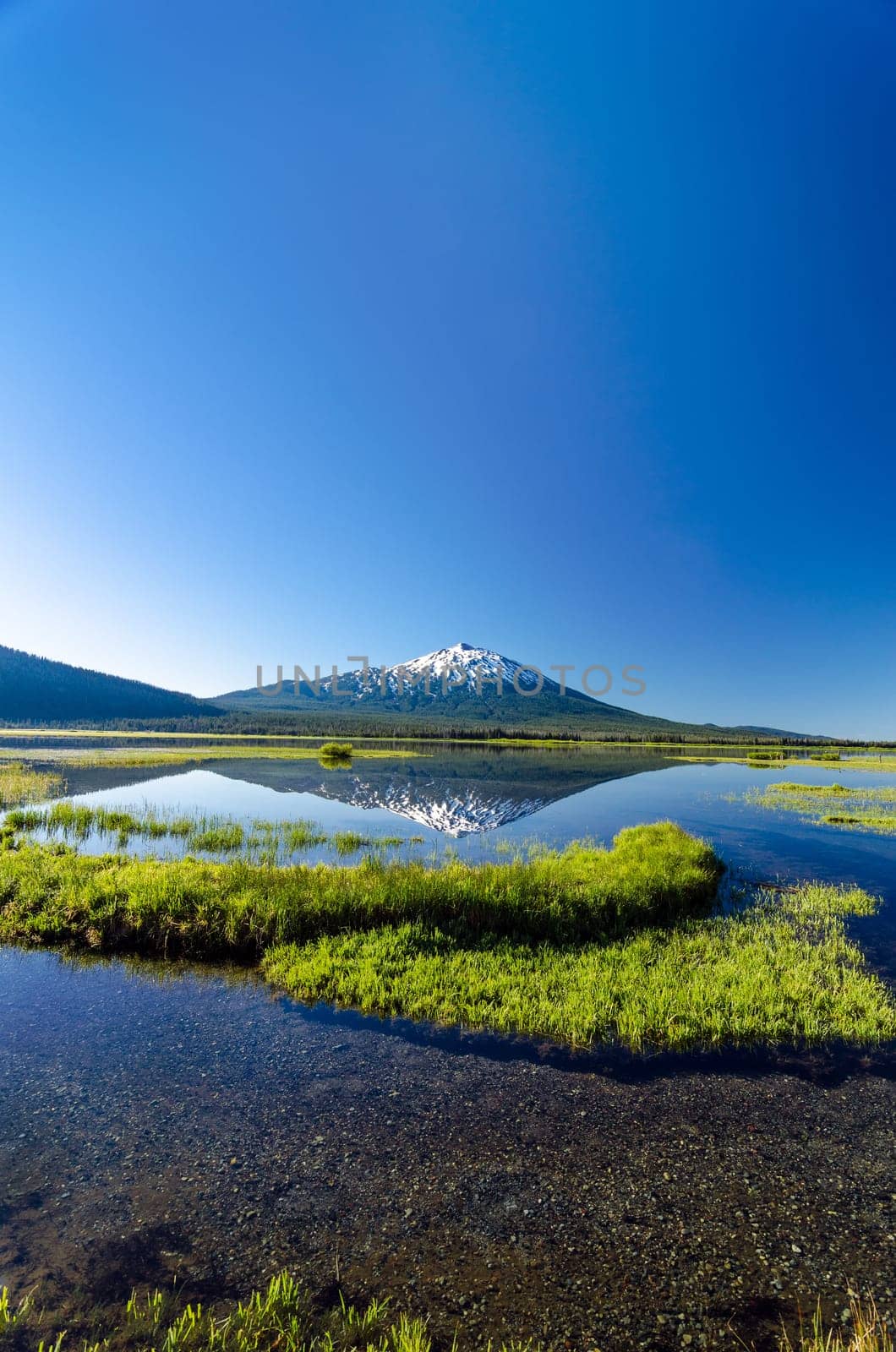 Vertical shot of Mount Bachelor being reflected in Sparks Lake near Bend, Oregon