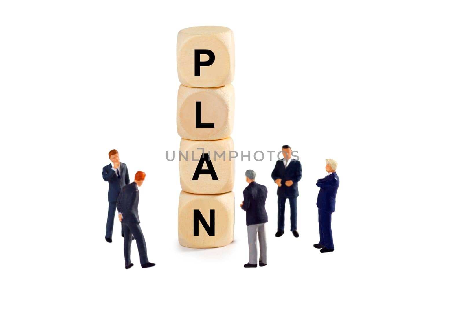 Man of Business with wooden cubes and letters - isolated on white background