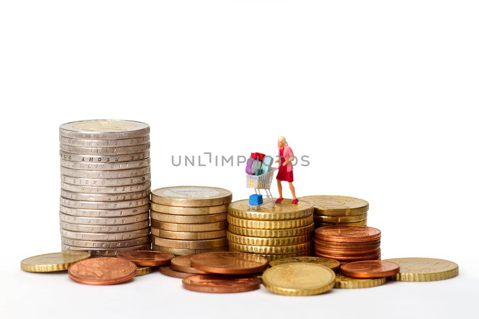 Concept Shopping with model figure and euro coins