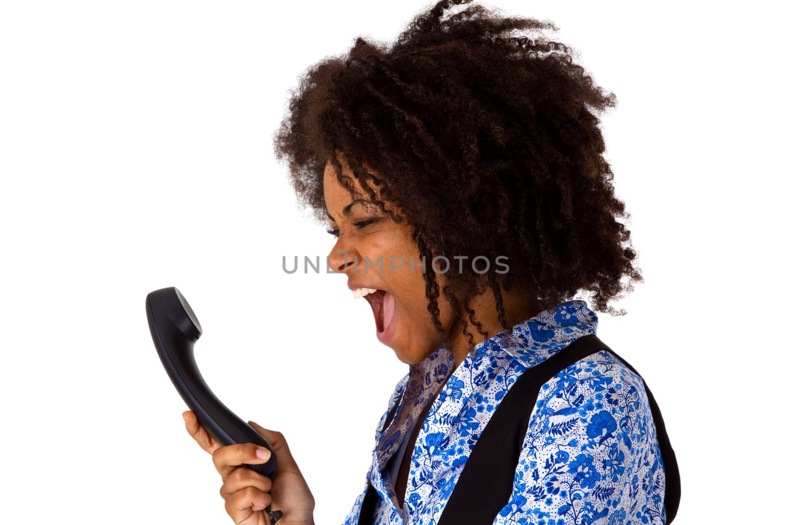 Annoyed African-American woman on the phone - cropped on white background