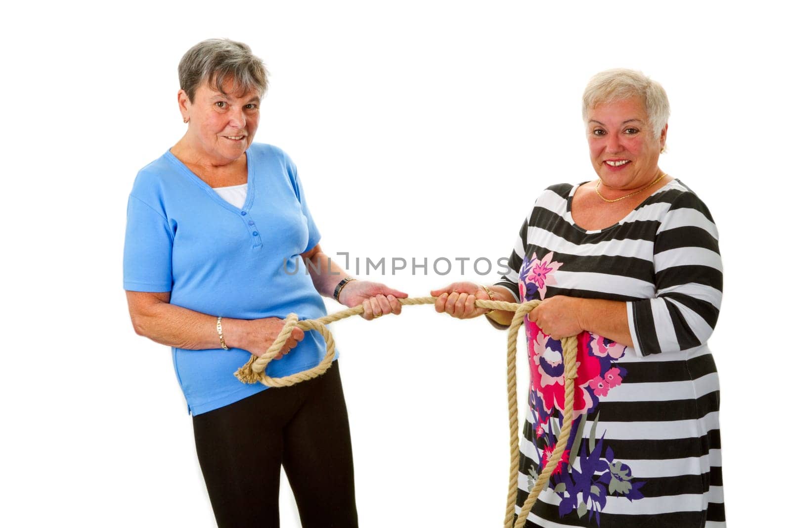 Senior citizens pull together - released on a white background