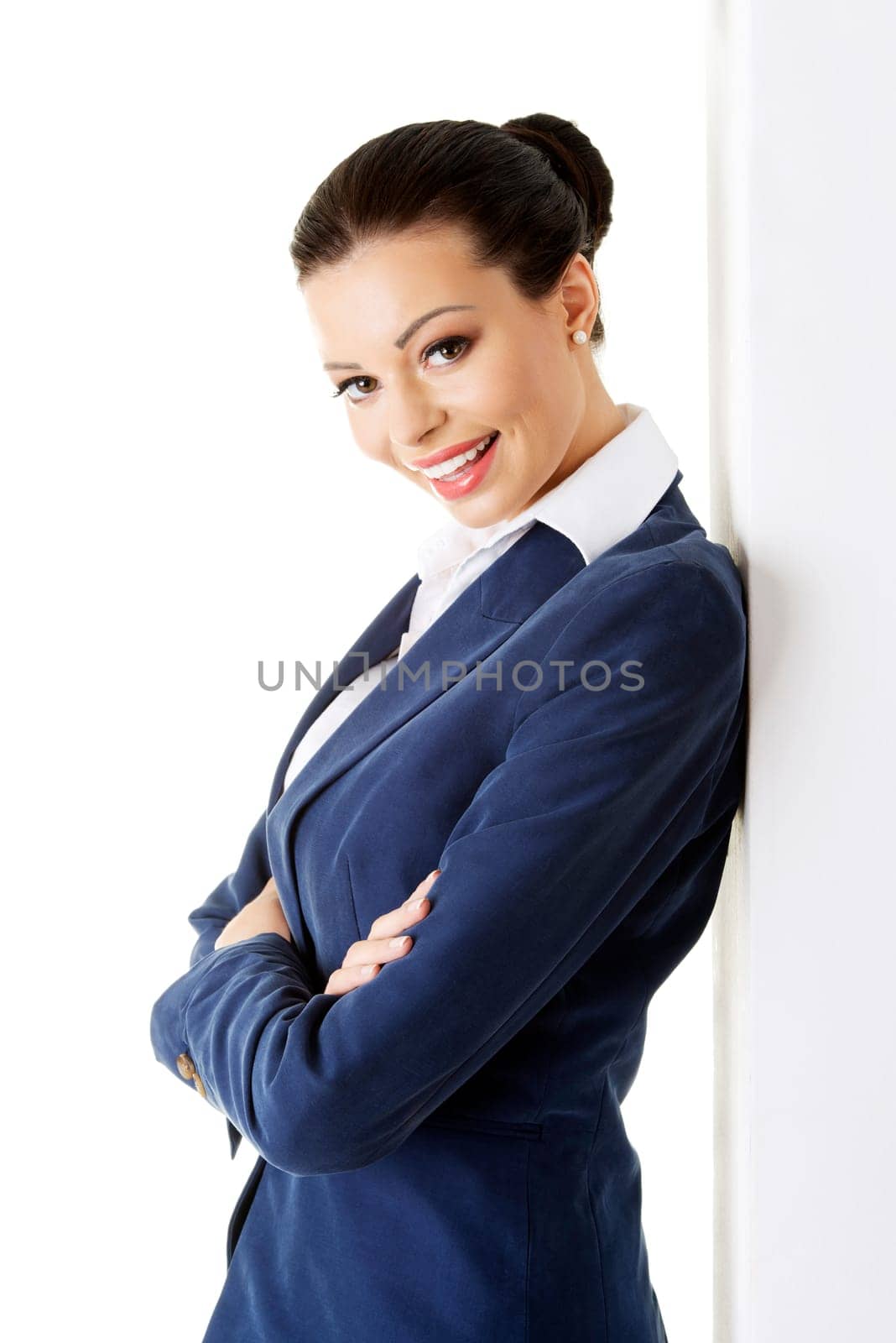 portrait of happy businesswoman isolated on white