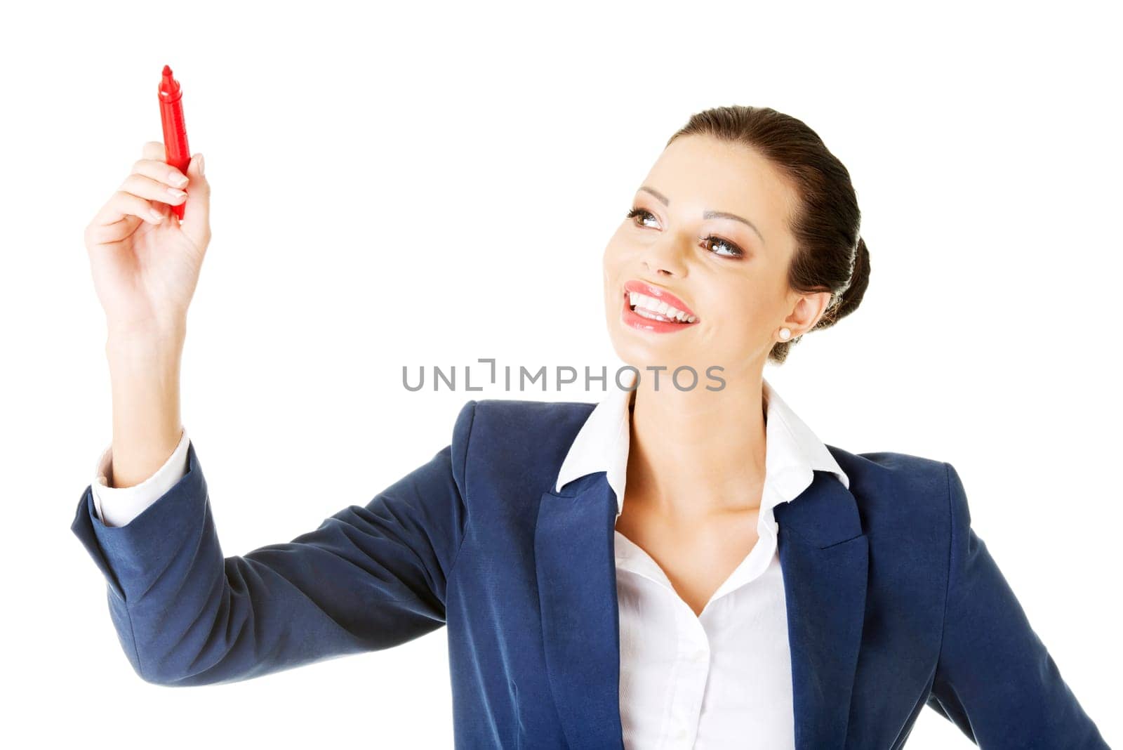 businesswoman with a marker,isolated on white background