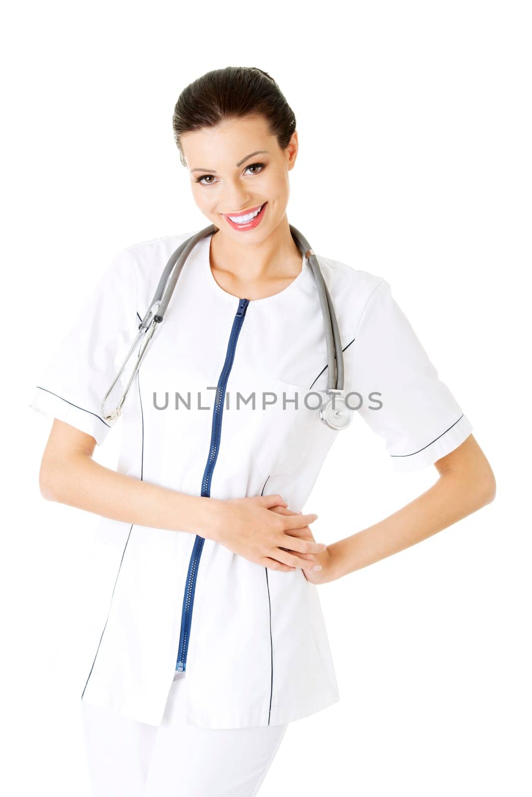 nurse or young doctor standing smiling. isolated on white background.