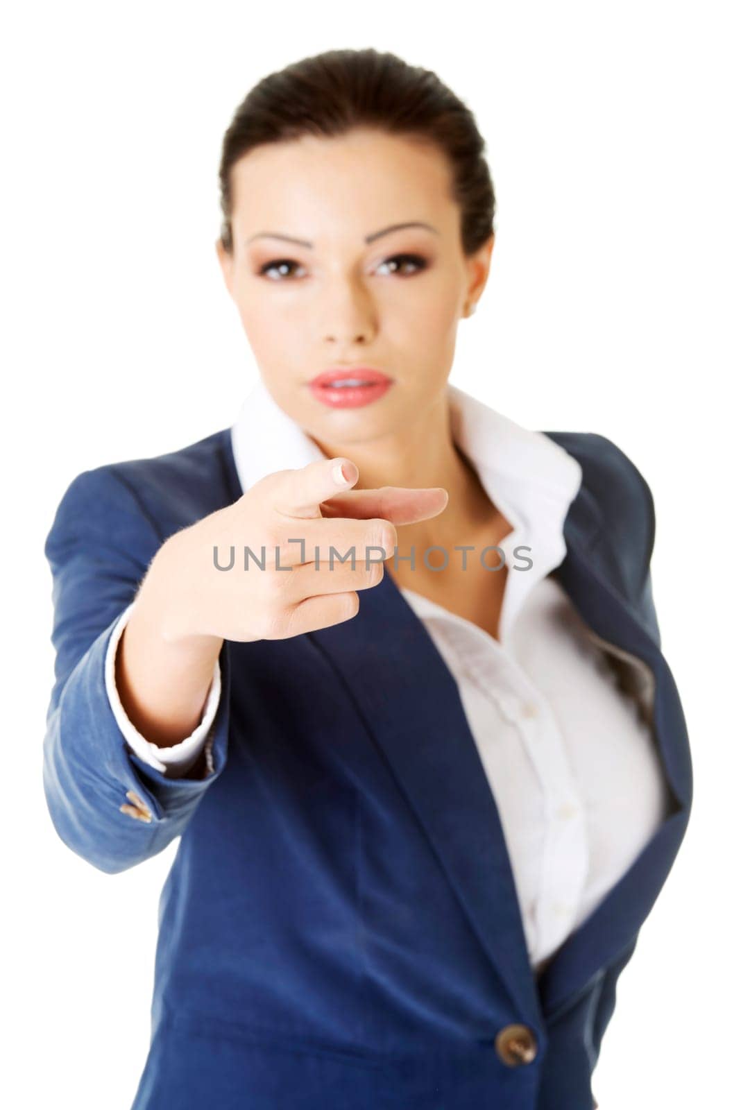 young beautiful business woman pointing on you,isolated on white