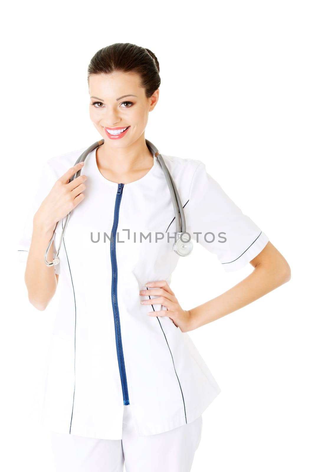 nurse or young doctor standing smiling. isolated on white background.