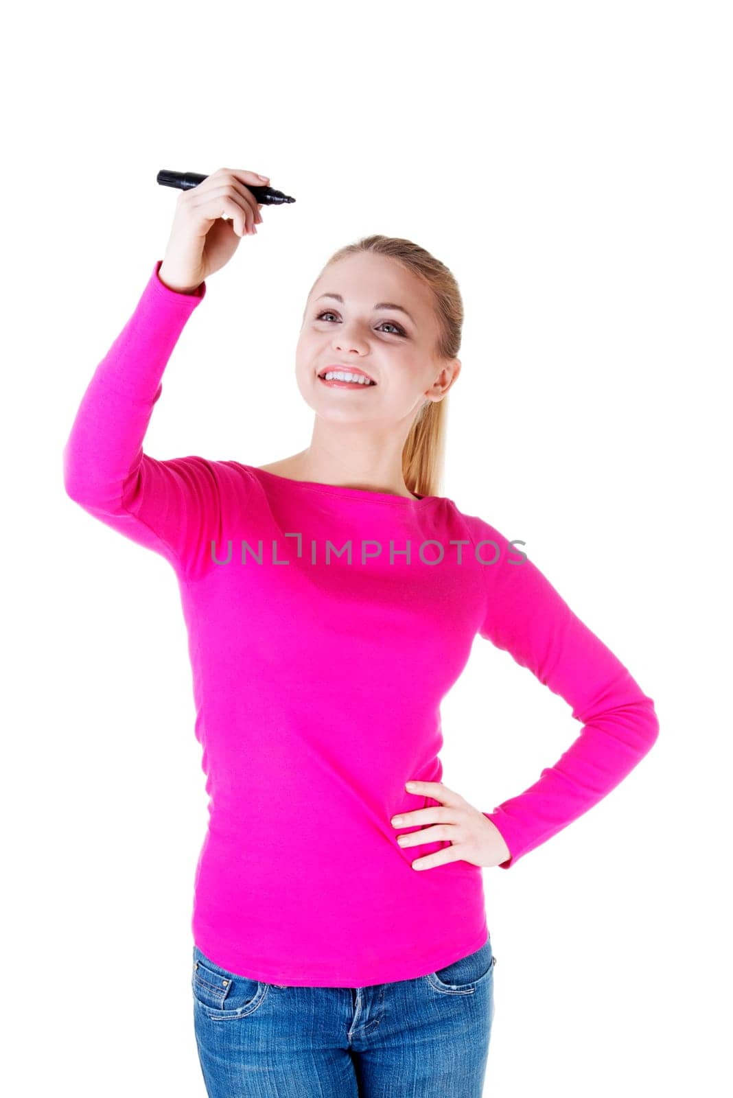 young student woman writing something on abstract screen with a marker