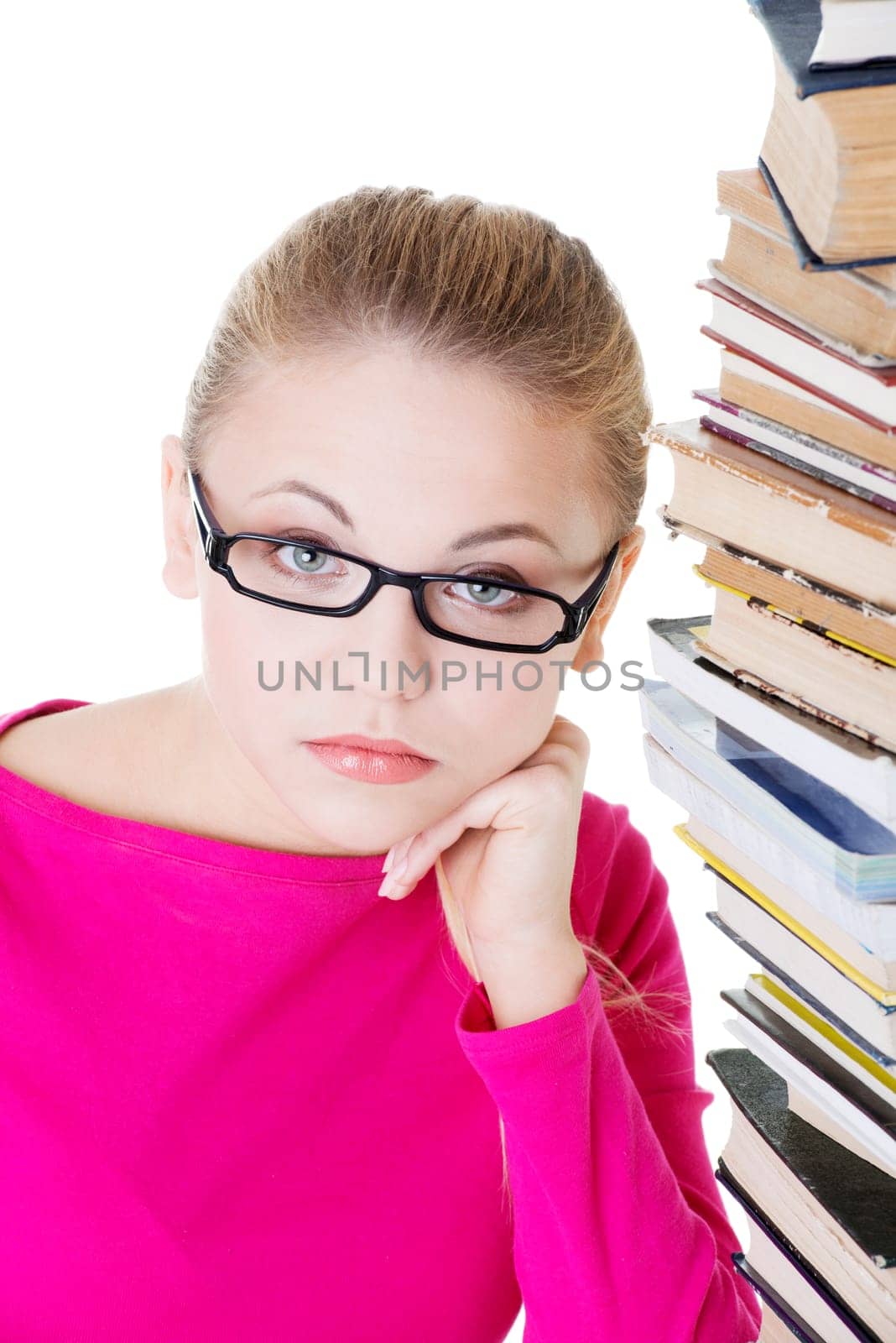 stack student girl learning for exam,isolated on white background