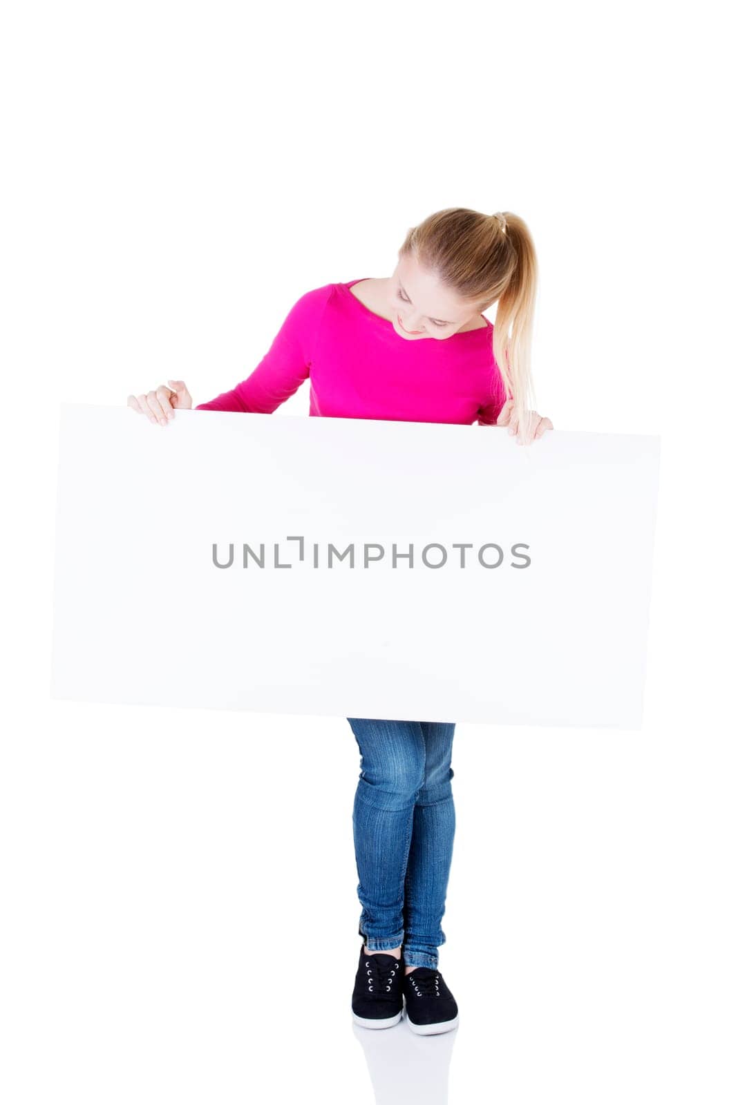 portrait young happy woman with blank board,isolated on white