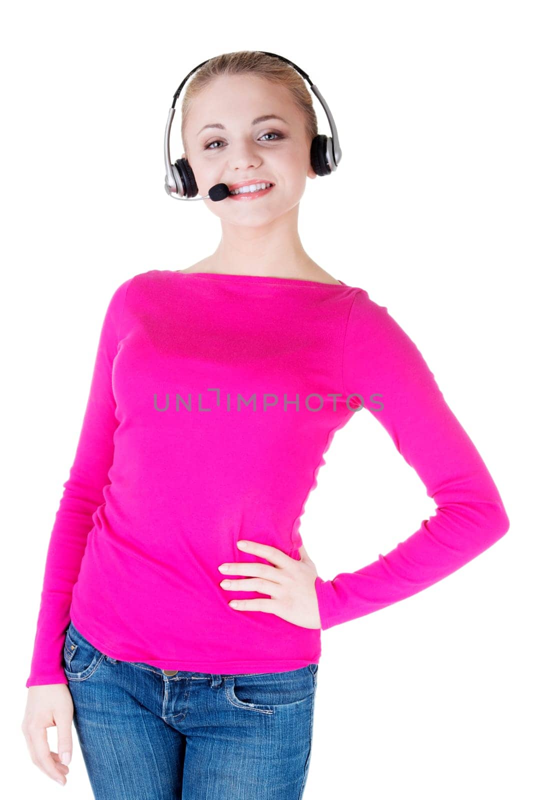 young call center assistant smiling,isolated