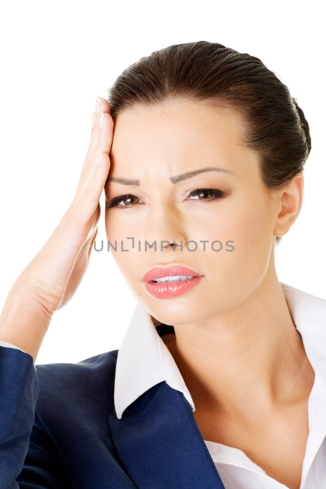 businesswoman with a headache holding head,isolated on white background
