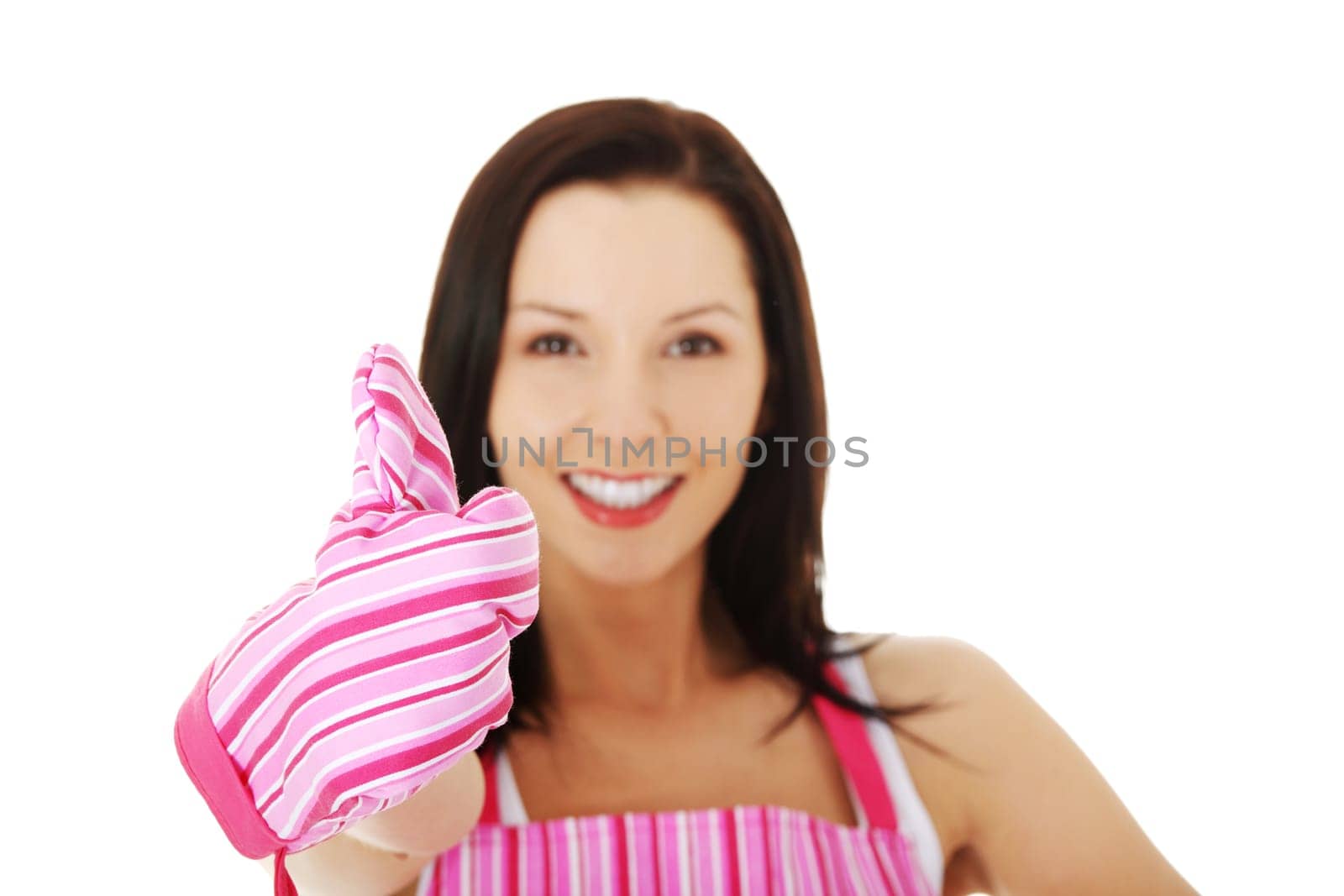 young housewife in pink apron,isolated on white