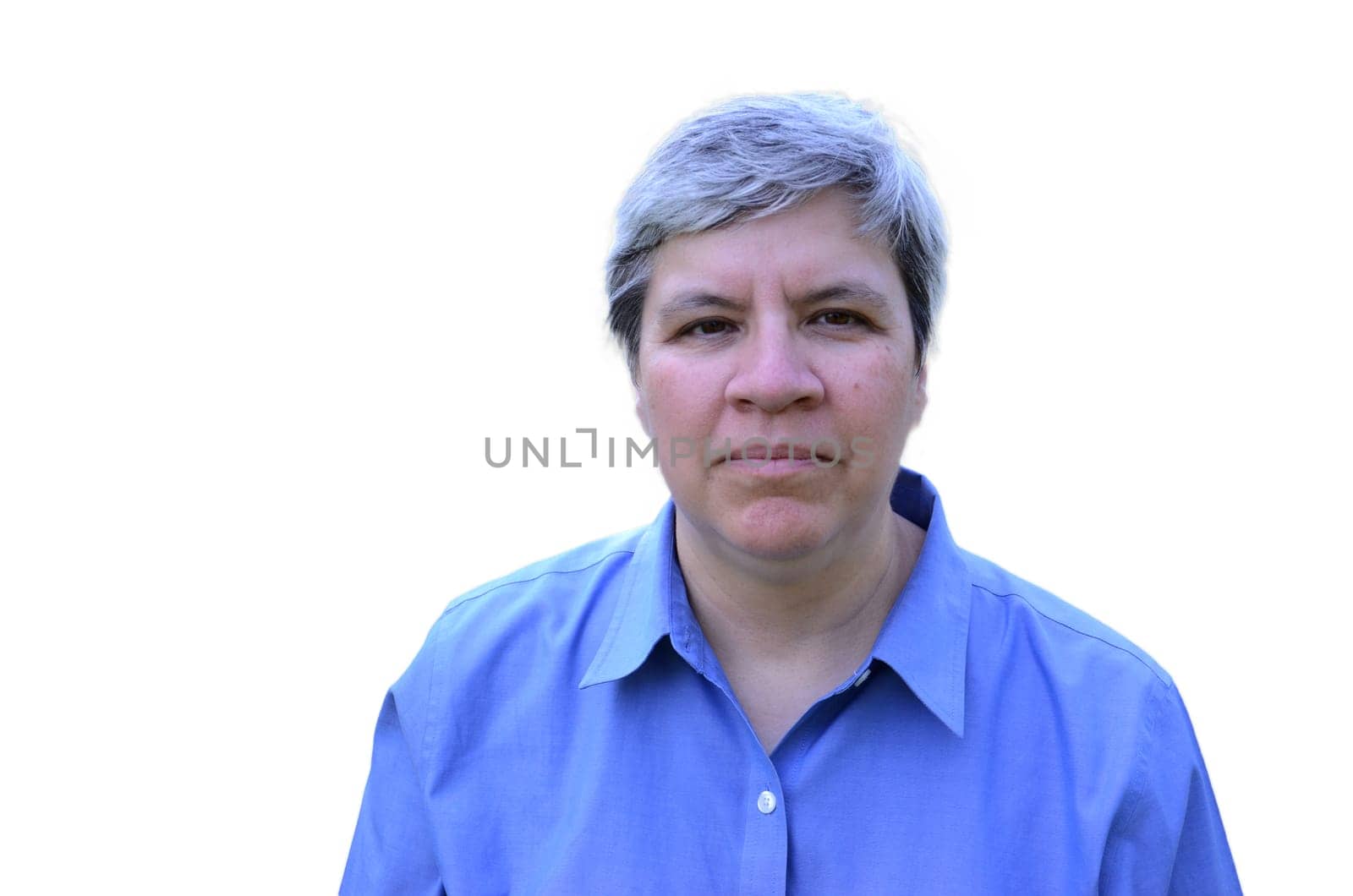 MIddle aged woman head shot with blue shirt isolated